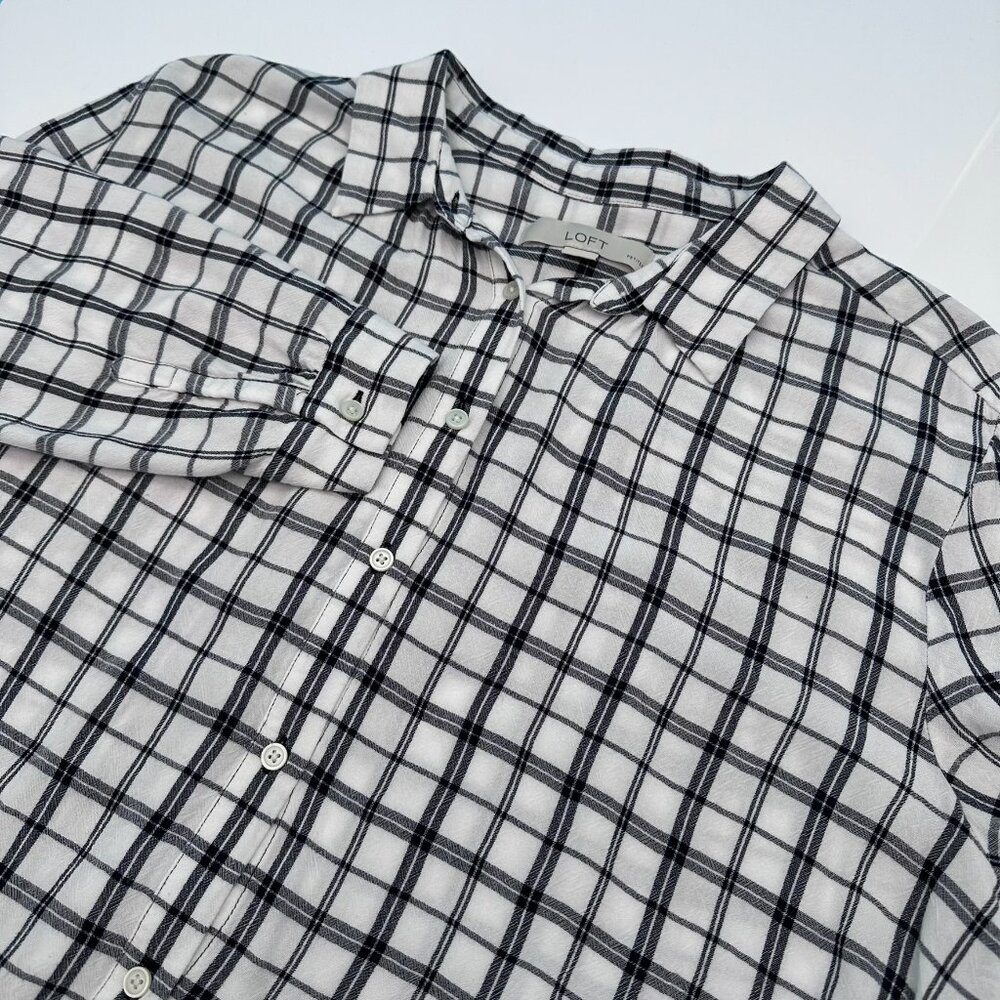 LOFT Women's Collared Plaid Print Hi-Lo Tunic Shirt, Size XXLP, White/Black